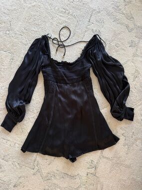 Free People Black Satin Long-Sleeve Romper with Lace Trim